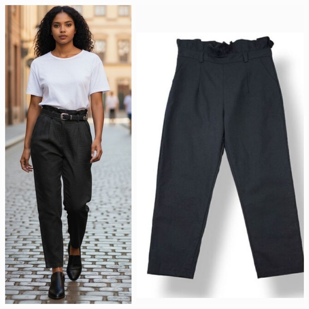 NEW High Rise Paperbag Ruffle Waist Woven Crop Pants in Black Size Large